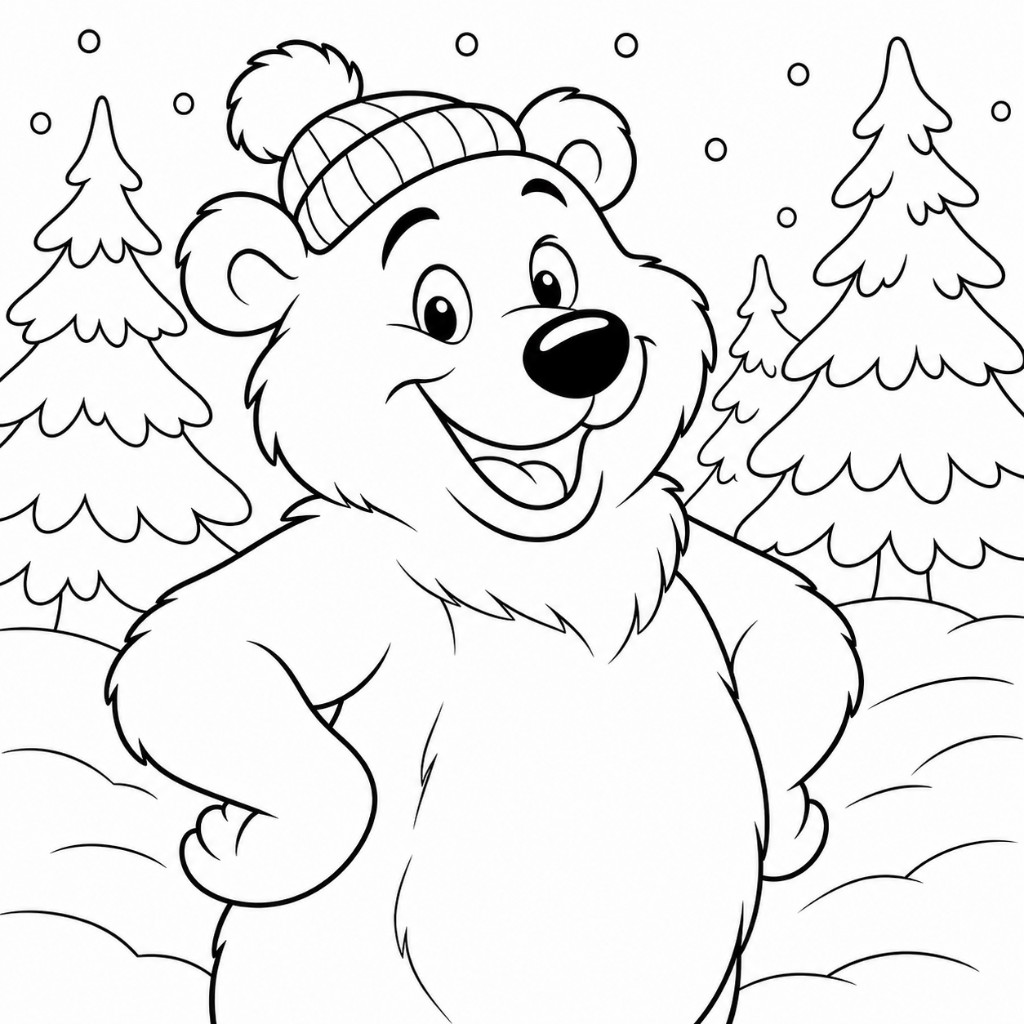 Winter bear coloring page with a smiling bear in a knitted hat standing in snowy North Dakota forest
