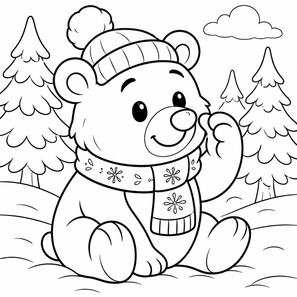 Página para colorear de un adorable oso de invierno con gorro tejido y bufanda de copos de nieve en un bosque nevado de Dakota del Norte