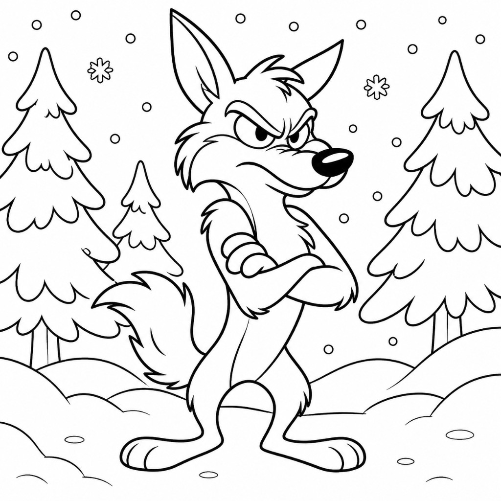 Winter coyote coloring page with an angry coyote standing in a snowy North Dakota forest
