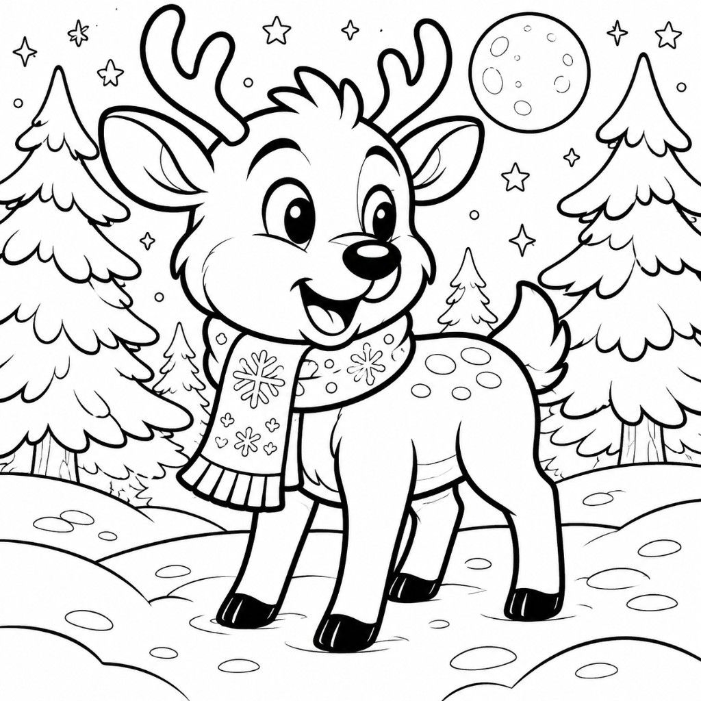 Winter deer coloring page with a smiling young deer wearing a snowflake scarf in a snowy North Dakota forest