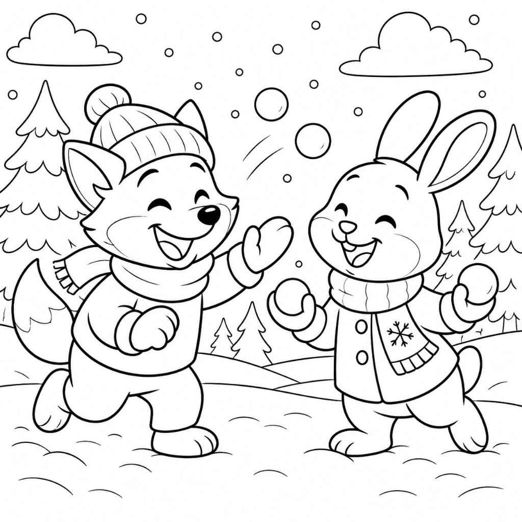 Winter fox and hare coloring page with a fox and rabbit happily playing snowball games in a snowy North Dakota forest