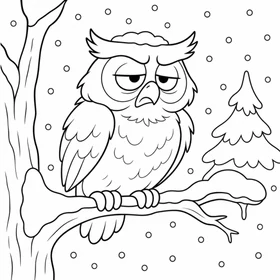 Winter owl coloring page trying to sleep while snow keeps falling, making a long snowy night in a quiet North Dakota forest