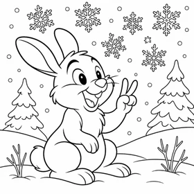 Página para colorear de conejo de invierno contando copos de nieve que caen del cielo en un bosque nevado de Dakota del Norte