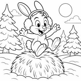 Página para colorear de conejo de invierno con un conejo feliz saltando sobre un pajar en un paisaje nevado de Dakota del Norte