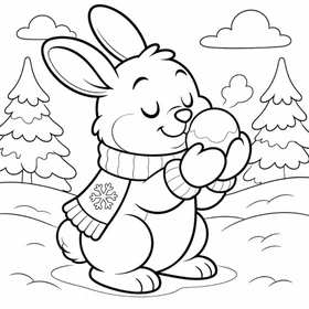 Página para colorear de conejo de invierno oliendo una bola de nieve y preguntándose a qué huele la nieve en un bosque nevado de Dakota del Norte