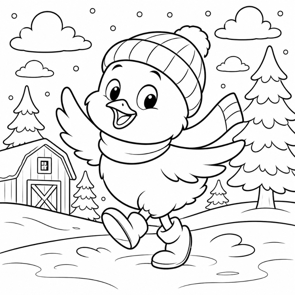 Happy winter chick wearing a warm hat and scarf walking near a snowy farm coloring page for kids