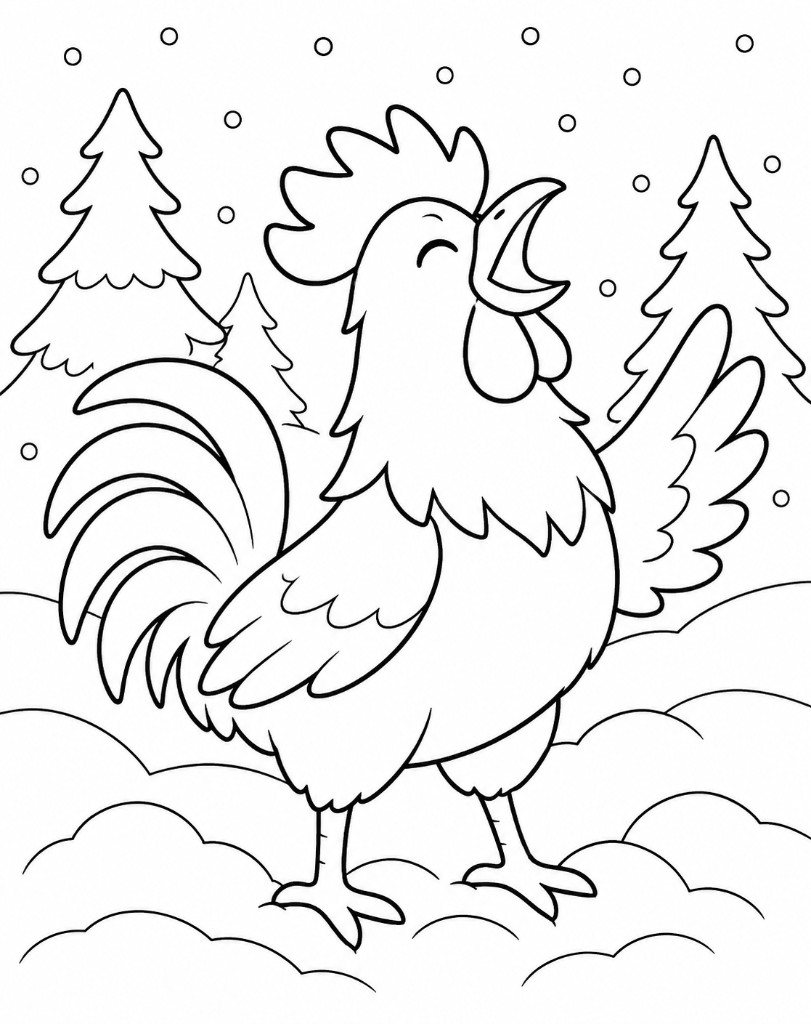 Proud winter rooster crowing in a snowy forest morning coloring page for kids