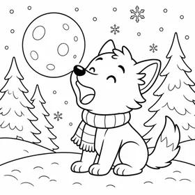 Joven lobo invernal aullando a la luna llena en un bosque nevado para colorear