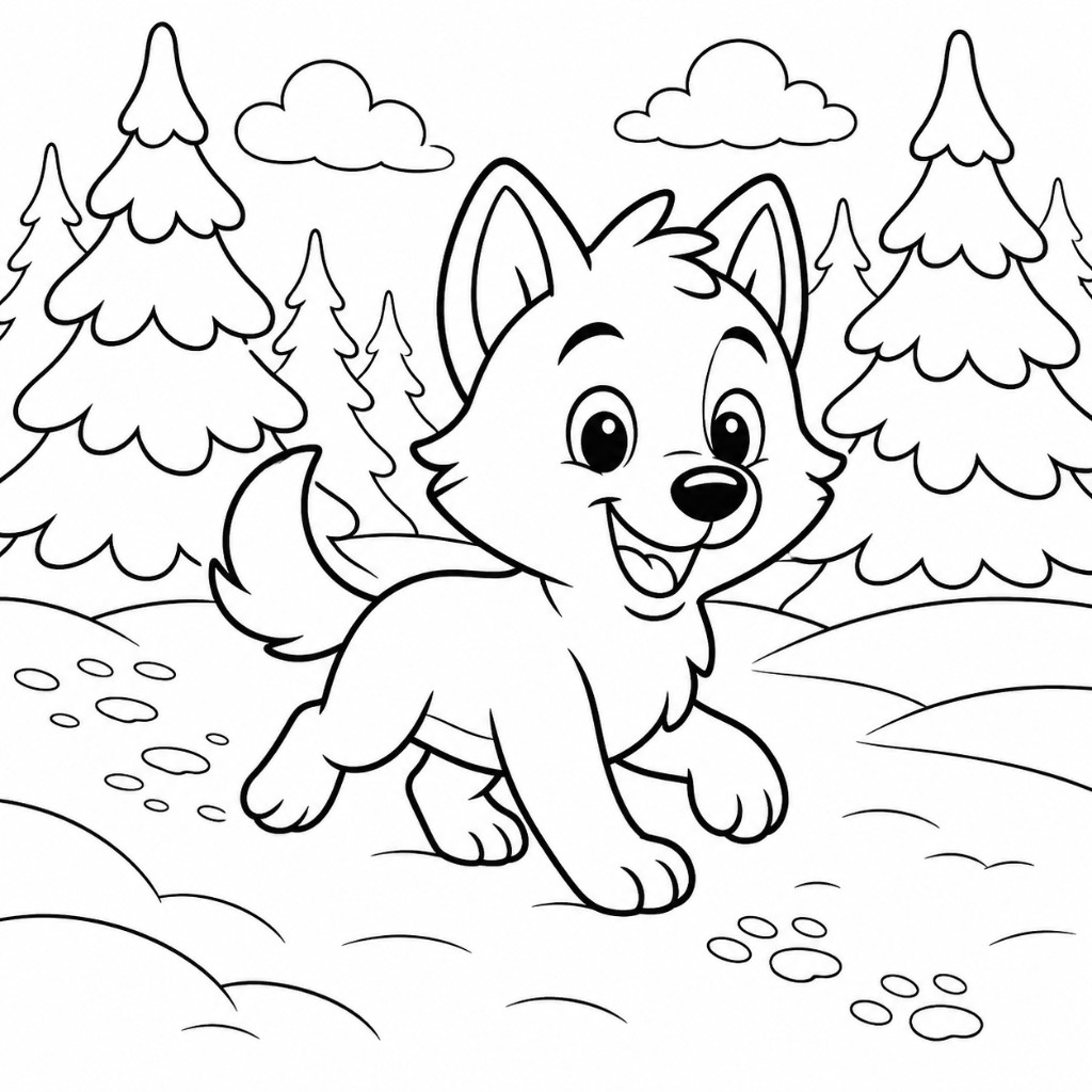 Lobo invernal juguetón caminando por la nieve fresca en un bosque nevado para colorear