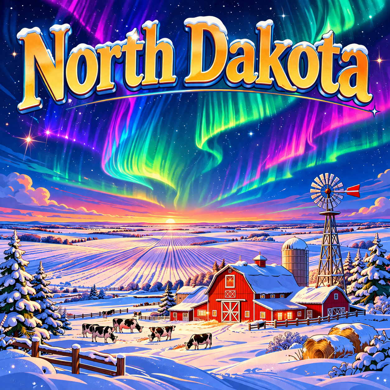 Winter farm in North Dakota with northern lights and snow landscape | Granja invernal en Dakota del Norte con auroras y nieve | Ferme hivernale dans le Dakota du Nord avec aurores boréales et neige | مزرعة شتوية في نورث داكوتا مع الشفق القطبي والثلج