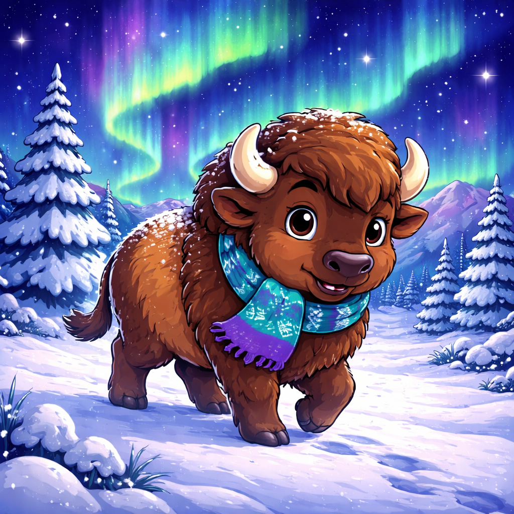 Cute baby bison walking in snowy North Dakota plains under northern lights winter scene for kids
