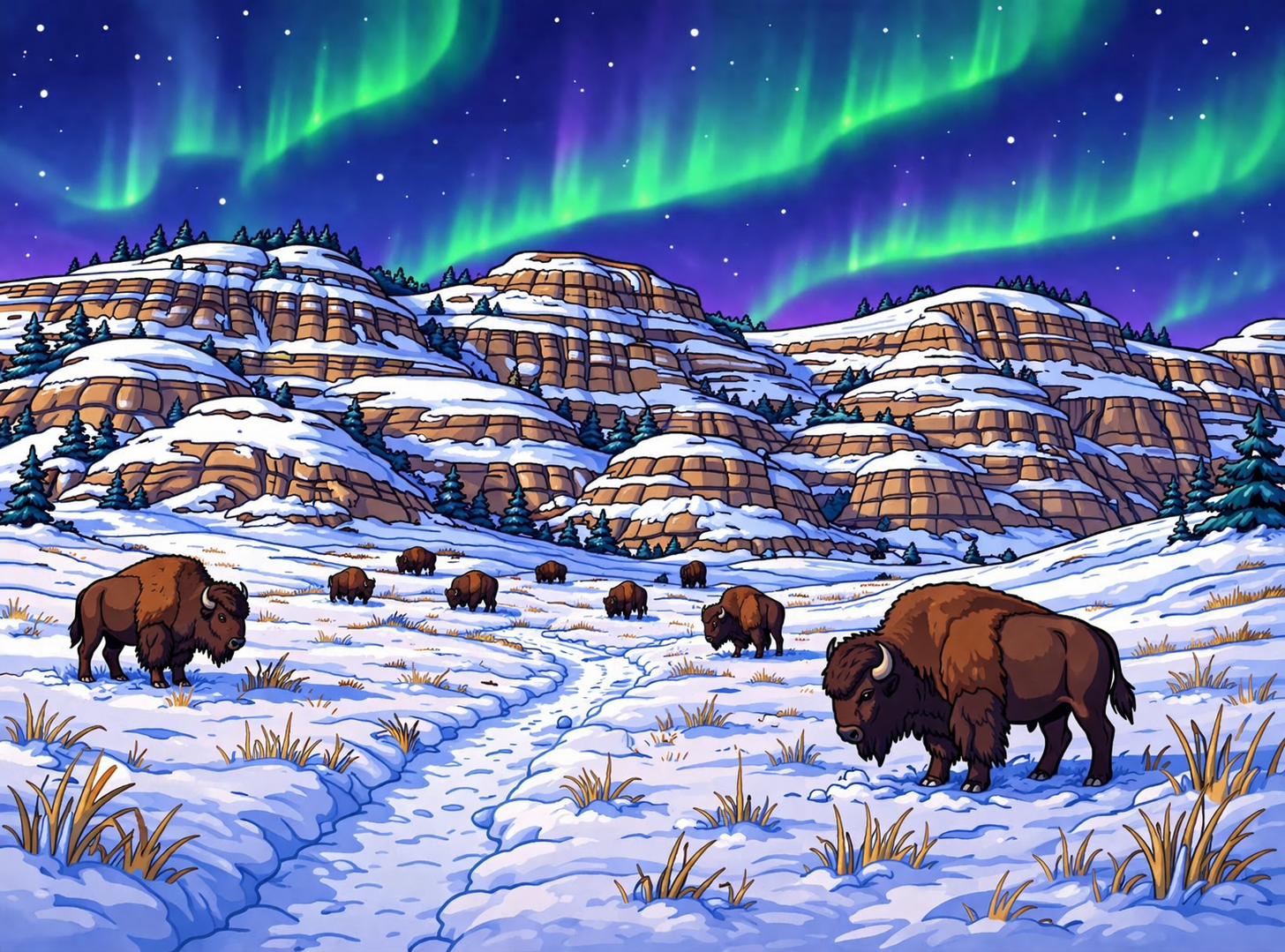 North Dakota Badlands winter landscape with layered canyon hills and northern lights