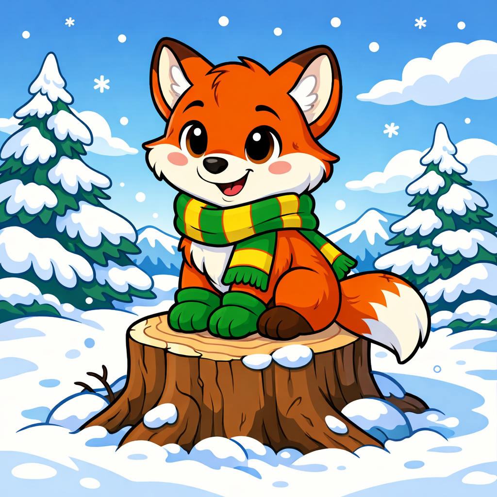 Cute red fox sitting on a tree stump in snowy North Dakota winter forest for kids