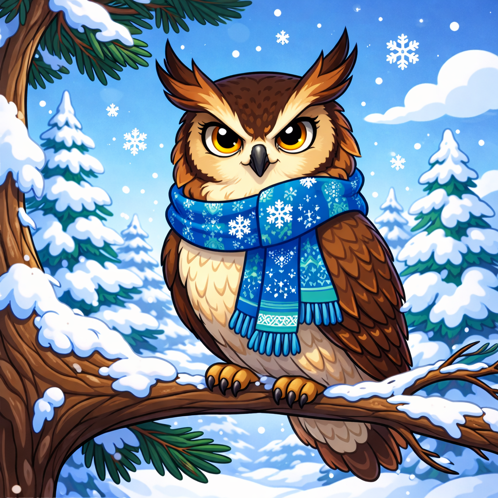 Snowy owl sitting on a branch in a quiet snowy North Dakota forest winter scene for kids
