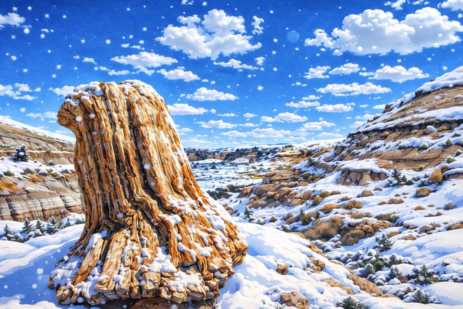 Petrified forest in North Dakota with ancient stone tree in snowy Badlands landscape for kids